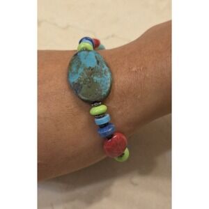 Colorful Vintage Turquoise, Coral, & Sterling Silver Statement Bracelet 8"